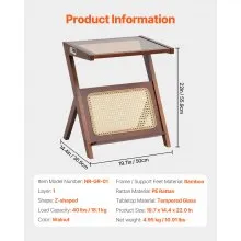 VEVOR Rattan Coffee Table, Z-Shaped Rattan Woven Bamboo End Table with Tempered Glass Top, 20” Modern Boho Storage Mid Century Coffee Table with Natural Bamboo Legs, for Living Room, Bedroom & Small Spaces, Walnut
