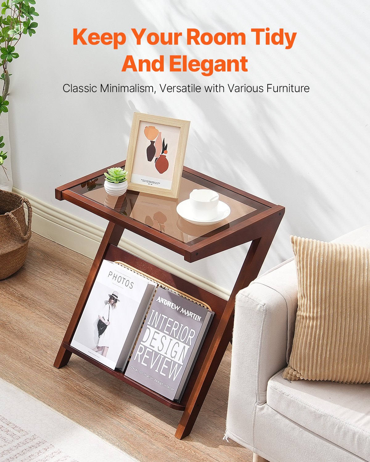 VEVOR Rattan Coffee Table, Z-Shaped Rattan Woven Bamboo Coffee Table with Tempered Glass Top, 20” Modern Boho Storage Coffee Table with Natural Bamboo Legs, for Living Room, Bedroom & Small Spaces