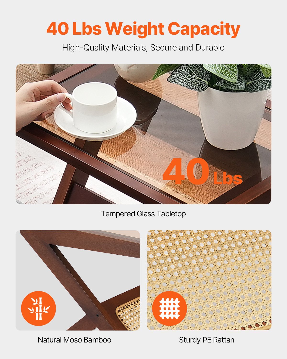 VEVOR Rattan Coffee Table, Z-Shaped Rattan Woven Bamboo Coffee Table with Tempered Glass Top, 20” Modern Boho Storage Coffee Table with Natural Bamboo Legs, for Living Room, Bedroom & Small Spaces