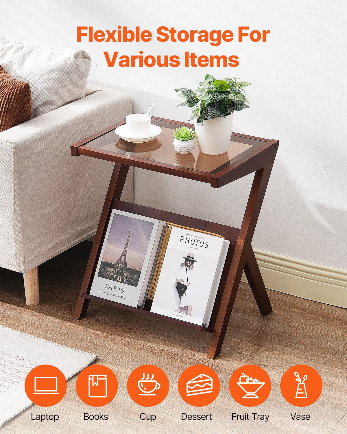 VEVOR Rattan Coffee Table, Z-Shaped Rattan Woven Bamboo Coffee Table with Tempered Glass Top, 20” Modern Boho Storage Coffee Table with Natural Bamboo Legs, for Living Room, Bedroom & Small Spaces