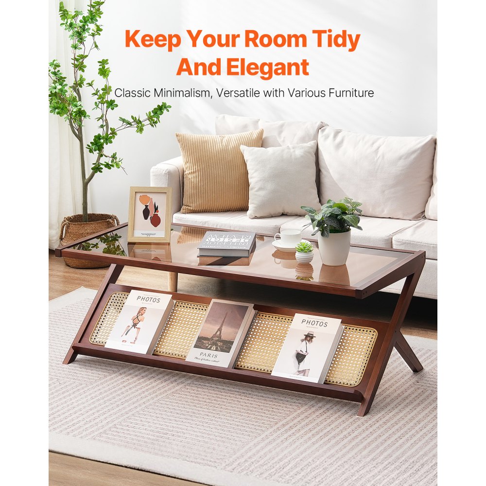 VEVOR Rattan Coffee Table, Z-Shaped Rattan Woven Bamboo Coffee Table with Tempered Glass Top, 47” Modern Boho Storage Coffee Table with Natural Bamboo Legs, for Living Room, Bedroom & Small Spaces