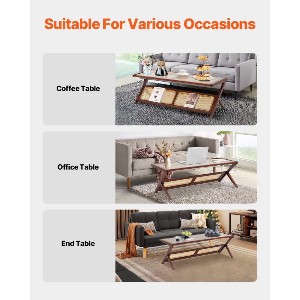 VEVOR Rattan Coffee Table, Z-Shaped Rattan Woven Bamboo Coffee Table with Tempered Glass Top, 47” Modern Boho Storage Coffee Table with Natural Bamboo Legs, for Living Room, Bedroom & Small Spaces