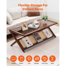 VEVOR Rattan Coffee Table, Z-Shaped Rattan Woven Bamboo End Table with Tempered Glass Top, 47” Modern Boho Storage Mid Century Coffee Table with Natural Bamboo Legs, for Living Room, Bedroom & Small Spaces, Walnut