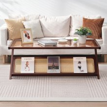 VEVOR Rattan Coffee Table, Z-Shaped Rattan Woven Bamboo End Table with Tempered Glass Top, 47” Modern Boho Storage Mid Century Coffee Table with Natural Bamboo Legs, for Living Room, Bedroom & Small Spaces, Walnut