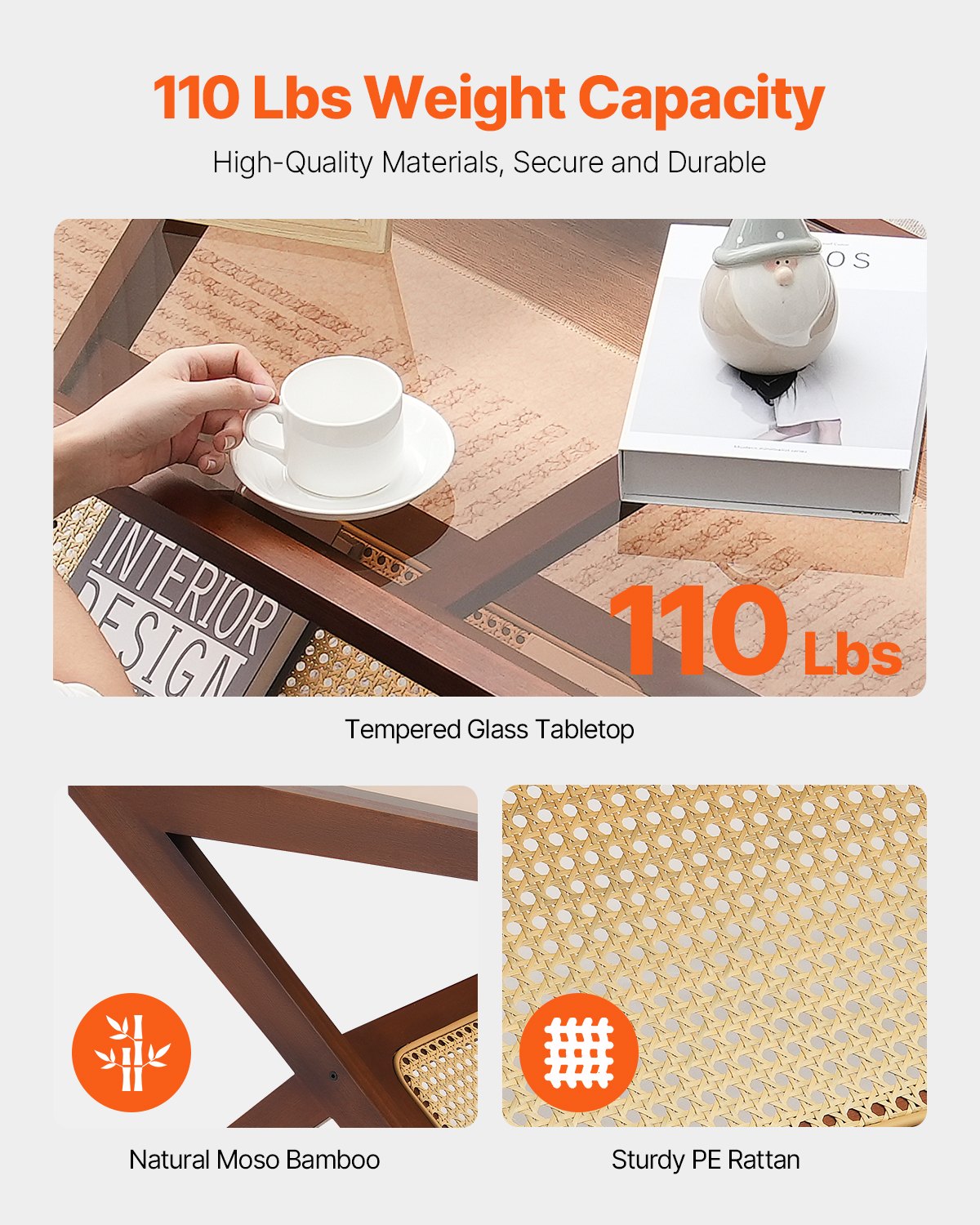 VEVOR Rattan Coffee Table, Z-Shaped Rattan Woven Bamboo Coffee Table with Tempered Glass Top, 47” Modern Boho Storage Coffee Table with Natural Bamboo Legs, for Living Room, Bedroom & Small Spaces