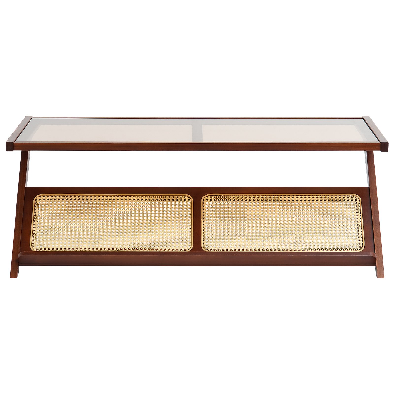 VEVOR Rattan Coffee Table, Z-Shaped Rattan Woven Bamboo Coffee Table with Tempered Glass Top, 47” Modern Boho Storage Coffee Table with Natural Bamboo Legs, for Living Room, Bedroom & Small Spaces