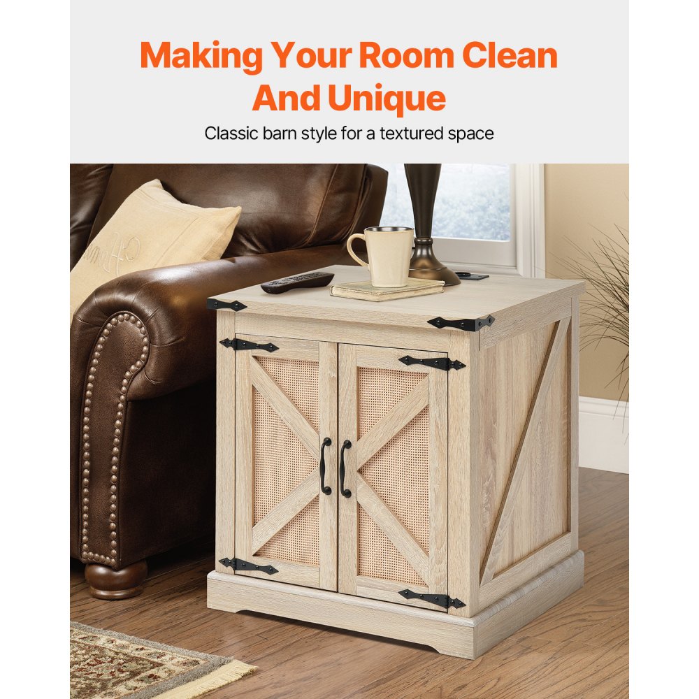 VEVOR Farmhouse End Table, Rectangle PE Rattan Woven Wood Coffee Table, 24-Inch Modern Boho Style Storage Coffee Table with Retro Metal Hinges, for Living Room, Bedroom & Small Spaces