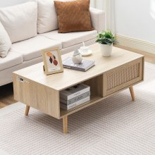 VEVOR Rattan Coffee Table, Mid Century Coffee Table, Rectangle Wood Coffee Table, 42 Inch Modern Boho Style Two Layers Storage Coffee Table, for Living Room, Bedroom & Small Spaces