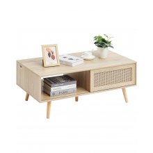 VEVOR Rattan Coffee Table, Mid Century Coffee Table, Rectangle Wood Coffee Table, 42 Inch Modern Boho Style Two Layers Storage Coffee Table, for Living Room, Bedroom & Small Spaces