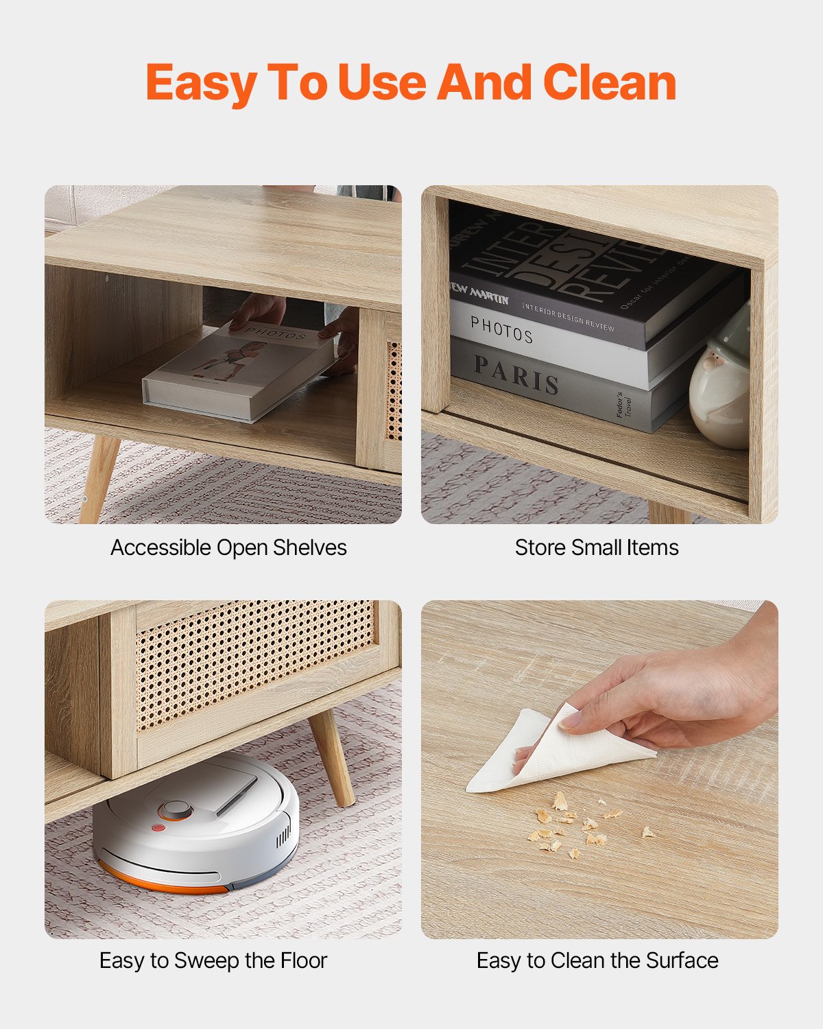 VEVOR Rattan Coffee Table, Mid Century Modern Coffee Table, Rectangle Wood Coffee Table, 42 Inch Modern Boho Style Two Layers Storage Coffee Table, for Living Room, Bedroom & Small Spaces