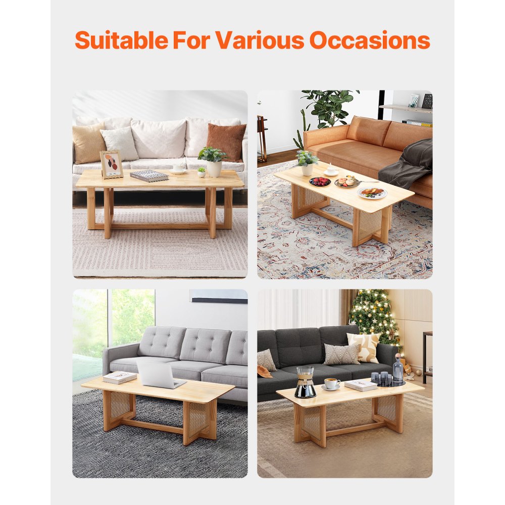 VEVOR Rattan Coffee Table, Rectangle Rattan Woven Wood Coffee Table with Rubber Wood Top, 47-Inch Modern Boho Storage Coffee Table with Natural Wood Legs, for Living Room, Bedroom & Small Spaces