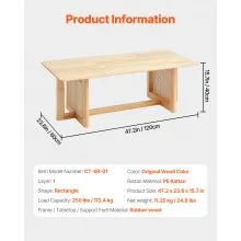 VEVOR Rattan Coffee Table Rectangle Rattan Coffee Table 1-Tier for Living Room