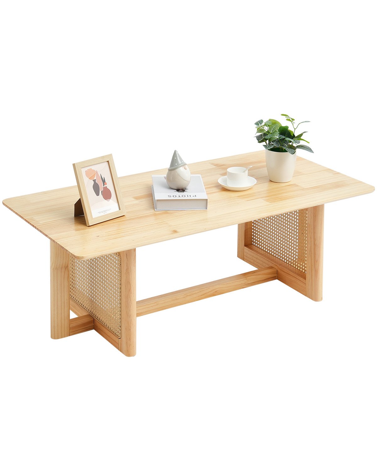 VEVOR Rattan Coffee Table, Rectangle Rattan Woven Wood Coffee Table with Rubber Wood Top, 47-Inch Modern Boho Storage Coffee Table with Natural Wood Legs, for Living Room, Bedroom & Small Spaces