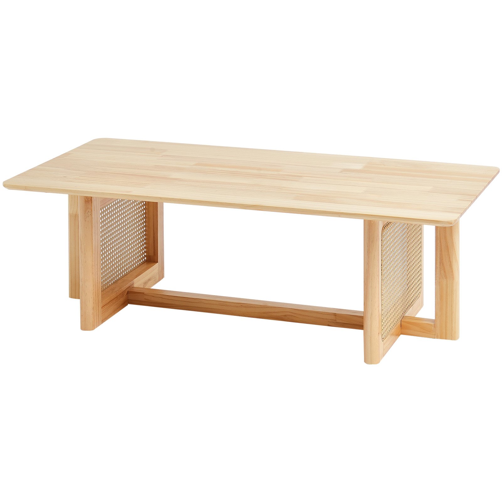 VEVOR Rattan Coffee Table, Rectangle Rattan Woven Wood Coffee Table with Rubber Wood Top, 47-Inch Modern Boho Storage Coffee Table with Natural Wood Legs, for Living Room, Bedroom & Small Spaces