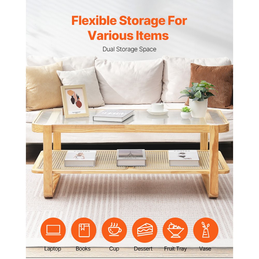 VEVOR Rattan Coffee Table, Rectangle Rattan Woven Wood Coffee Table with Tempered Glass Top, 45-Inch Modern Boho Storage Coffee Table with Natural Wood Legs, for Living Room, Bedroom & Small Spaces