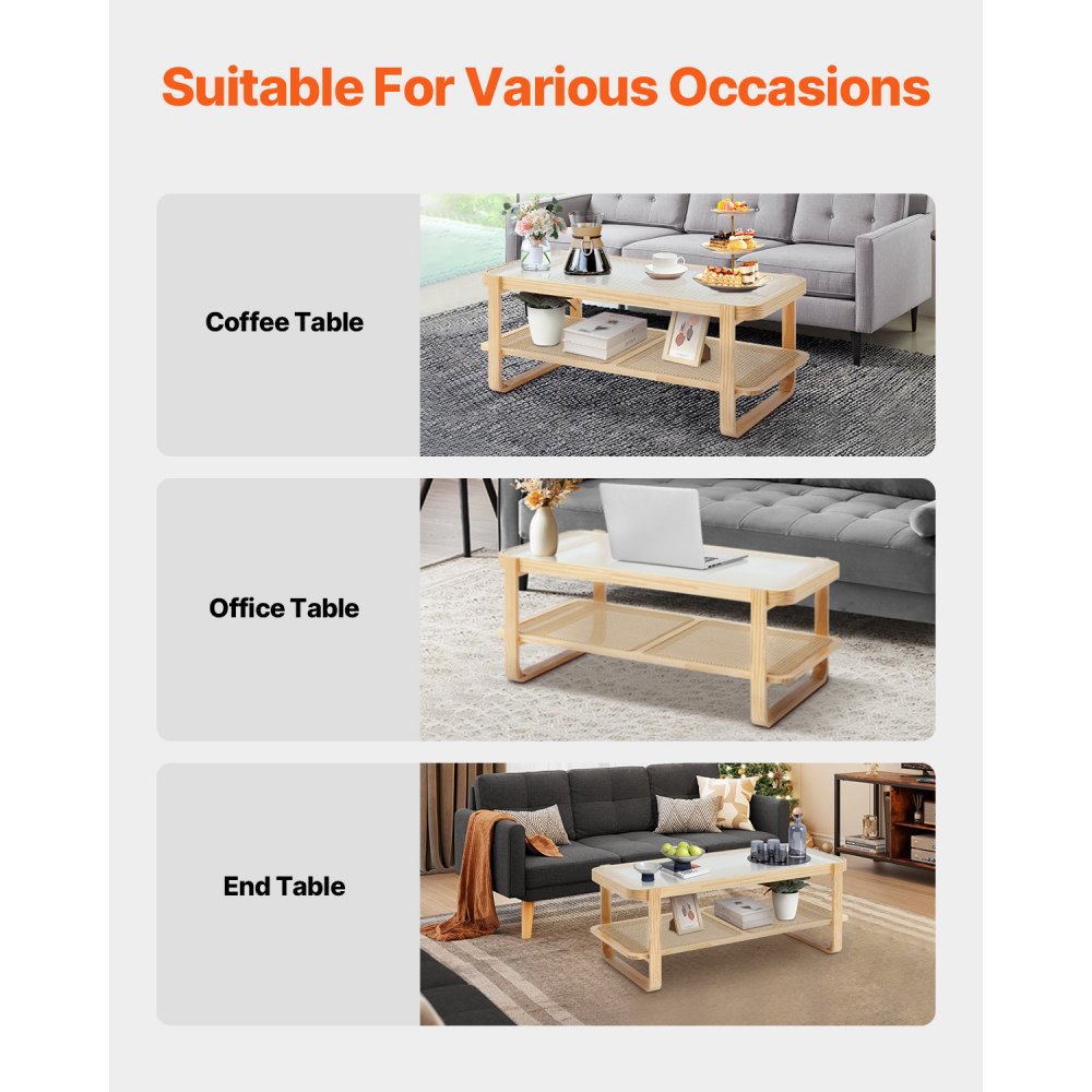 VEVOR Rattan Coffee Table, Rectangle Rattan Woven Wood Coffee Table with Tempered Glass Top, 45-Inch Modern Boho Storage Coffee Table with Natural Wood Legs, for Living Room, Bedroom & Small Spaces