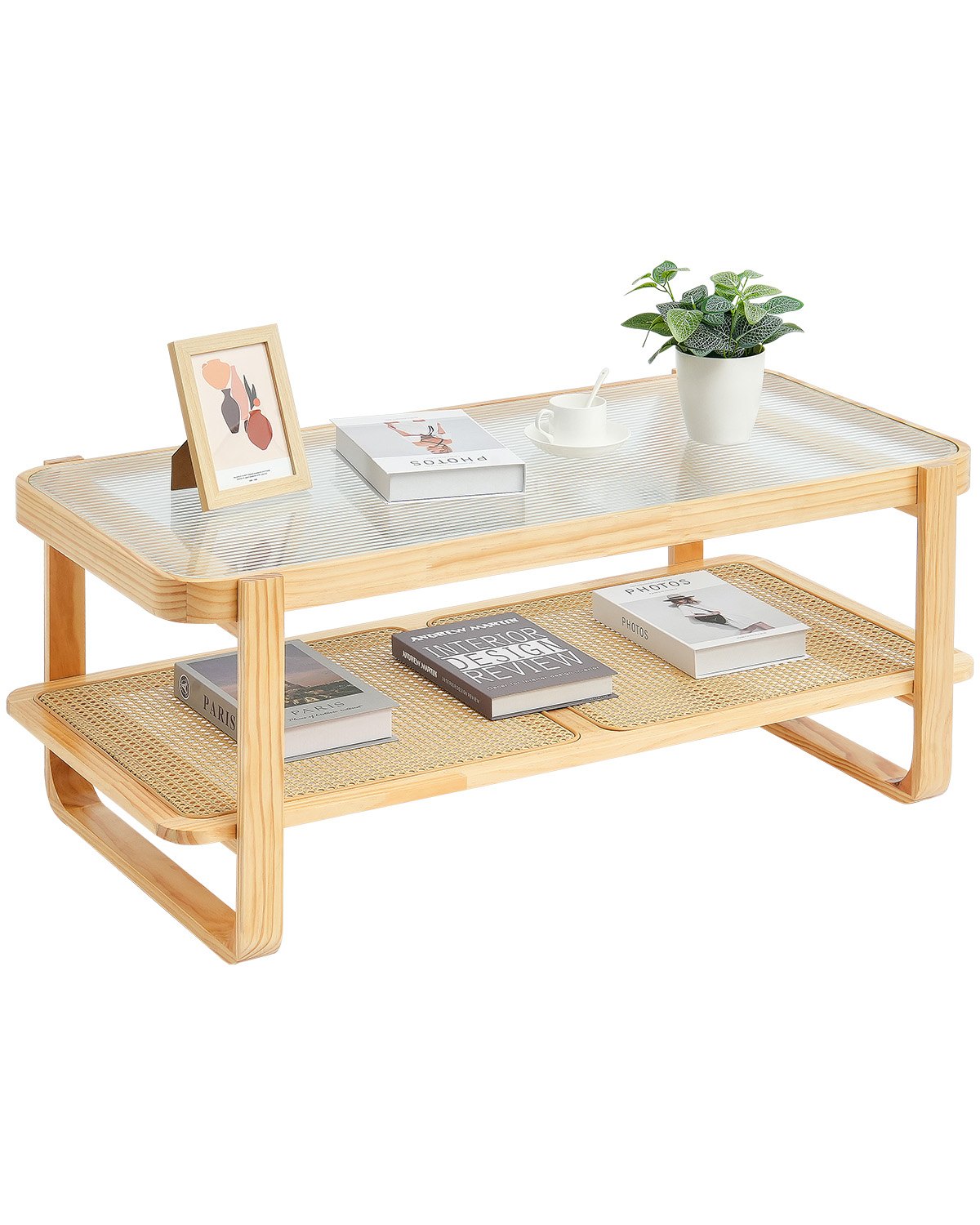 VEVOR Rattan Coffee Table, Rectangle Rattan Woven Wood Coffee Table with Tempered Glass Top, 45-Inch Modern Boho Storage Coffee Table with Natural Wood Legs, for Living Room, Bedroom & Small Spaces