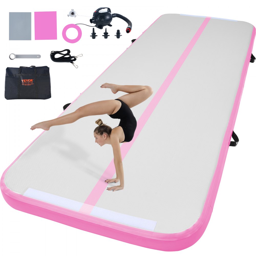 gymnast practicing on a pink VEVOR gymnastics air mat with accessories including pump, repair kit, and carry bag.