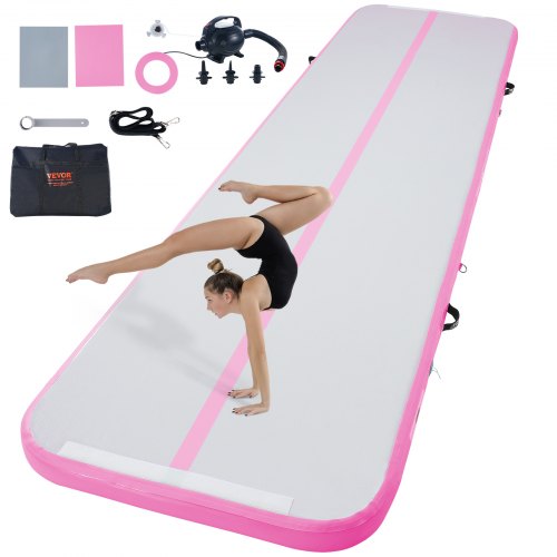 VEVOR Gymnastics Air Mat, 4 inch Thickness Inflatable Gymnastics Tumbling Mat, Tumble Track with Electric Pump, Training Mats for Home Use/Gym/Yoga/Cheerleading/Beach/Park/Water, 13 ft, Pink