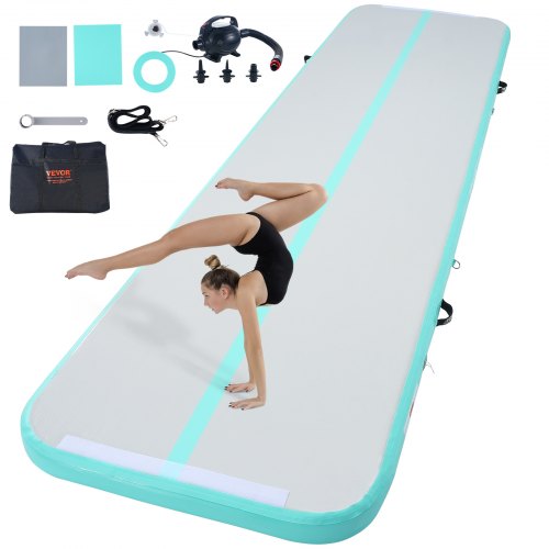 VEVOR Gymnastics Air Mat, 4 inch Thickness Inflatable Gymnastics Tumbling Mat, Tumble Track with Electric Pump, Training Mats for Home Use/Gym/Yoga/Cheerleading/Beach/Park/Water, 13 ft, Mint Green