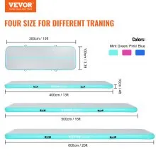 VEVOR Gymnastics Air Mat, 4 inch Thickness Inflatable Gymnastics Tumbling Mat, Tumble Track with Electric Pump, Training Mats for Home Use/Gym/Yoga/Cheerleading/Beach/Park/Water, 13 ft, Mint Green