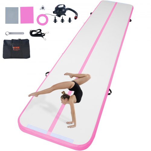 VEVOR Gymnastics Air Mat, 4 inch Thickness Inflatable Gymnastics Tumbling Mat, Tumble Track with Electric Pump, Training Mats for Home Use/Gym/Yoga/Cheerleading/Beach/Park/Water, 16 ft, Pink