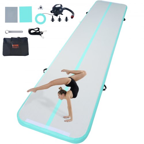 VEVOR Gymnastics Air Mat, 4 inch Thickness Inflatable Gymnastics Tumbling Mat, Tumble Track with Electric Pump, Training Mats for Home Use/Gym/Yoga/Cheerleading/Beach/Park/Water, 16 ft, Mint Green