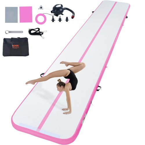 VEVOR Gymnastics Air Mat, 4 inch Thickness Inflatable Gymnastics Tumbling Mat, Tumble Track with Electric Pump, Training Mats for Home Use/Gym/Yoga/Cheerleading/Beach/Park/Water, 20 ft, Pink