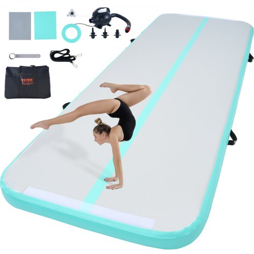VEVOR Gymnastics Air Mat, 4 inch Thickness Inflatable Gymnastics Tumbling Mat, Tumble Track with Electric Pump, Training Mats for Home Use/Gym/Yoga/Cheerleading/Beach/Park/Water, 10 ft, Mint Green