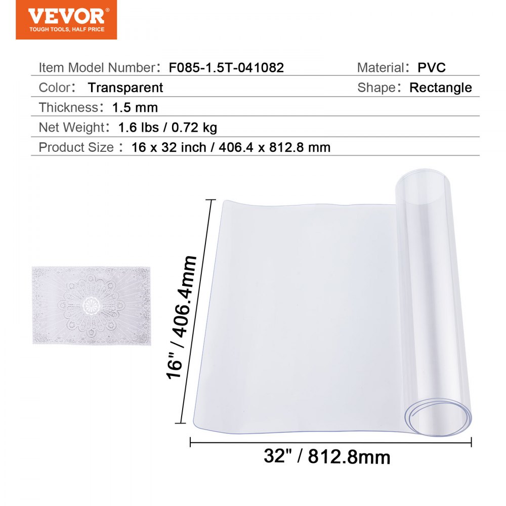 VEVOR Plastový kryt na stůl, 16 x 32 palců o tloušťce 1,5 mm, průhledný chránič stolu, obdélníková PVC podložka na stůl, vodotěsný a snadno čistitelný ubrus, pro kancelářský, komodu, jídelní, noční stolek