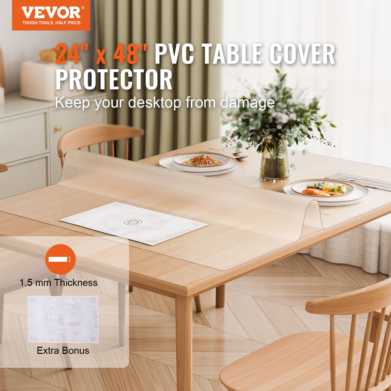 VEVOR Plastic Table Cover, 24 x 48 Inch 1.5 mm Thick Frosted Table Protector, Rectangle PVC Desk Mat, Waterproof & Easy Cleaning Desk Pad Tablecloth, for Office Dresser Dining Room Table Night Stand