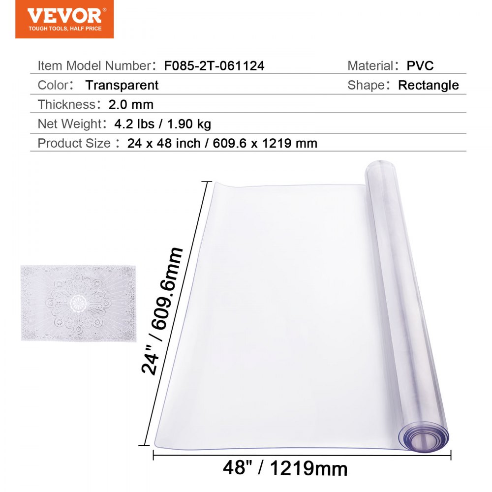 VEVOR Plastic Table Cover, 24 x 48 Inch 2.0 mm Thick Clear Table Protector, Rectangle PVC Desk Mat, Waterproof & Easy Cleaning Desk Pad Tablecloth, for Office Dresser Dining Room Table Night Stand