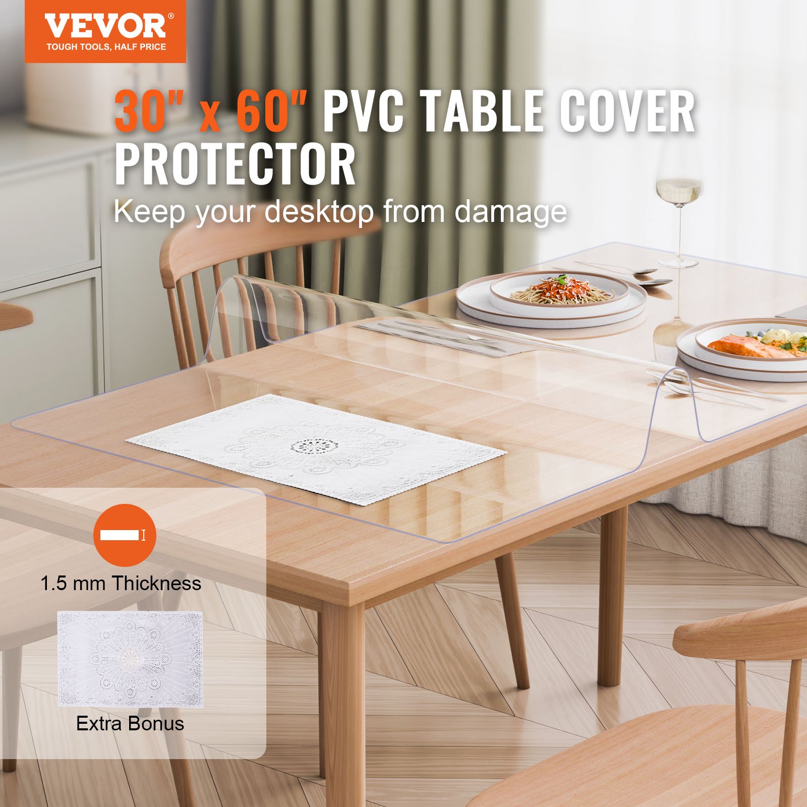 VEVOR Plastic Table Cover, 30 x 60 Inch 1.5 mm Thick Clear Table Protector, Rectangle PVC Desk Mat, Waterproof & Easy Cleaning Desk Pad Tablecloth, for Office Dresser Dining Room Table Night Stand