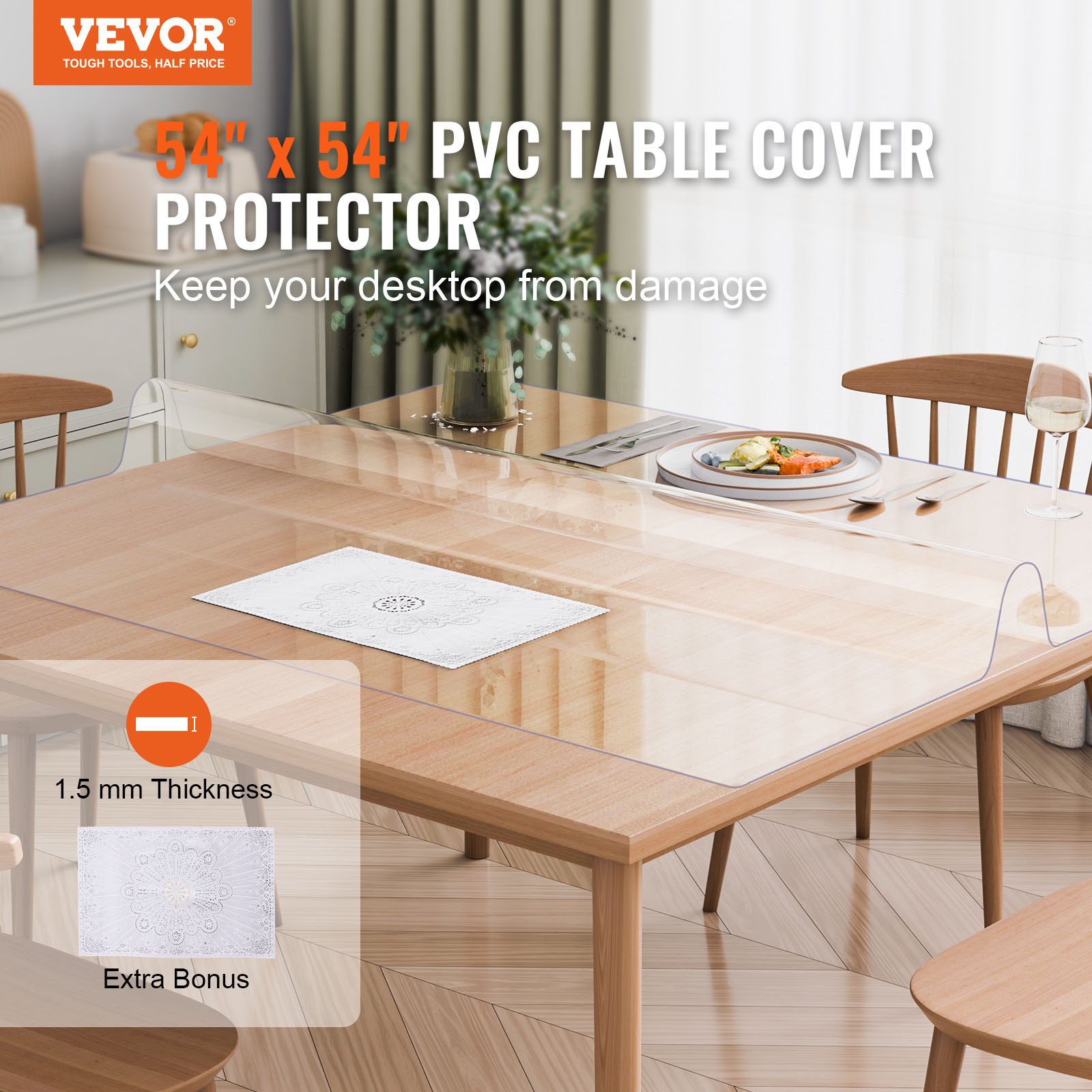 VEVOR Plastic Table Cover, 54 x 54 Inch 1.5 mm Thick Clear Table Protector, Square PVC Desk Mat, Waterproof & Easy Cleaning Desk Pad Tablecloth, for Office Dresser Dining Room Table Night Stand