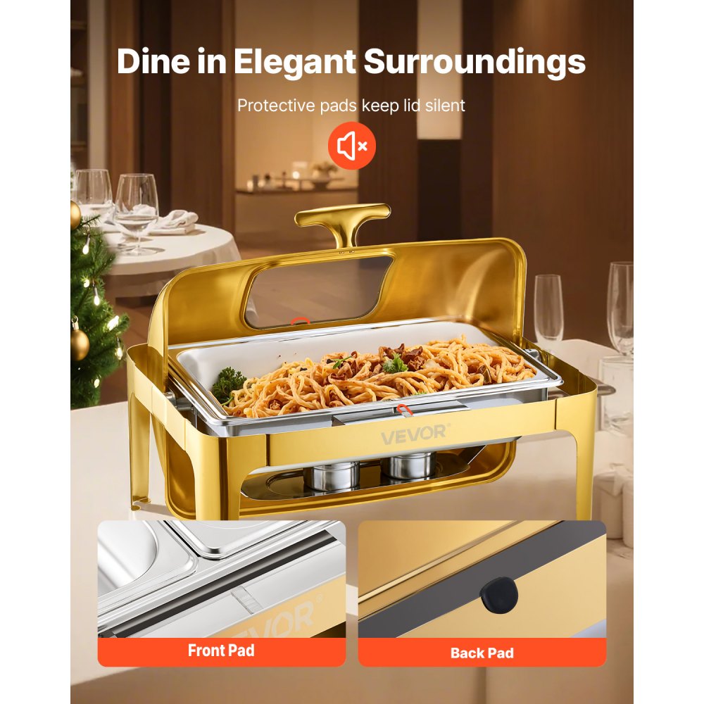 Kompletní sada talířů VEVOR Roll Top Chafing Dish Buffet, nerezová ocelová chaferka o objemu 9 qt s pánví plné velikosti, obdélníkový ohřívač na catering s viditelným víkem, pánev na vodu, skládací stojan, držák na palivo, klip na jídlo, zlatá
