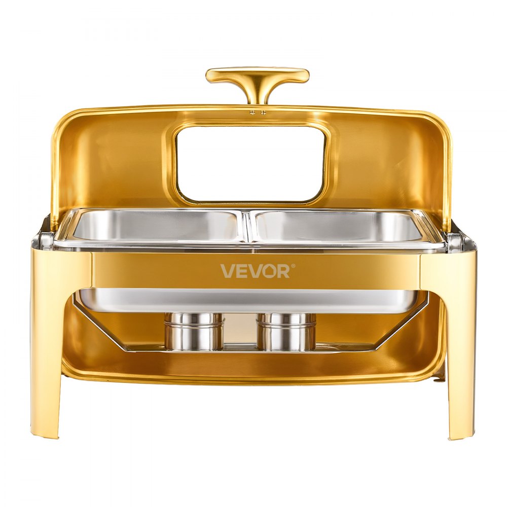 VEVOR Roll Top Chafing Dish Buffet Complete Set, 9Qt Stainless Steel Chafer with Full Size Pan, Rectangle Catering Warmer Server with Visible Lid Water Pan Folding Stand Fuel Holder Meal Clip, Gold