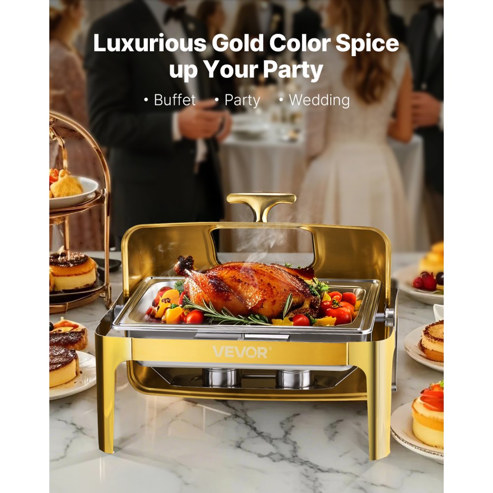 VEVOR Roll Top Chafing Dish Buffet Complete Set, 9Qt Stainless Steel Chafer with Full Size Pan, Rectangle Catering Warmer Server with Visible Lid Water Pan Folding Stand Fuel Holder Meal Clip, Gold