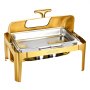VEVOR Roll Top Chafing Dish Buffet Complete Set, 9Qt Stainless Steel Chafer with Full Size Pan, Rectangle Catering Warmer Server with Visible Lid Water Pan Folding Stand Fuel Holder Meal Clip, Gold