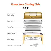 9Qt Rectangle Roll Top Chafing Dish Set with Full-Size Pan Stainless Steel Gold