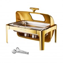 9Qt Rectangle Roll Top Chafing Dish Set with Full-Size Pan Stainless Steel Gold