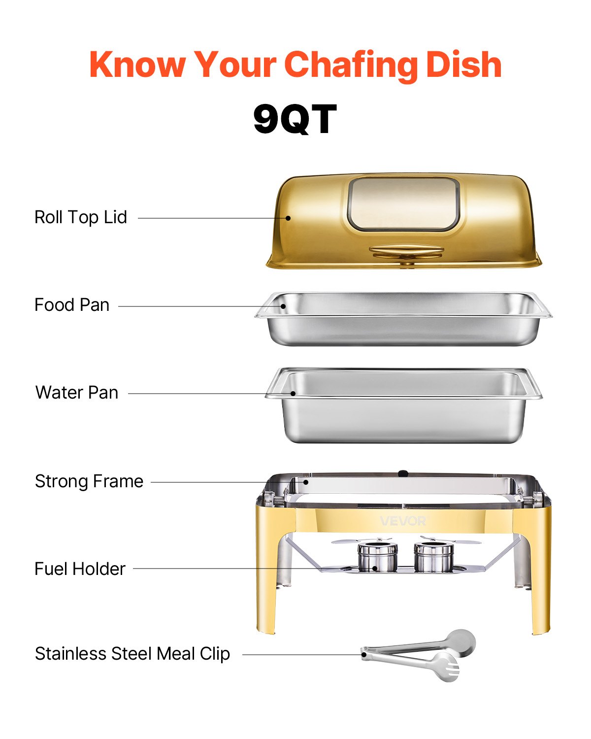 Kompletní sada talířů VEVOR Roll Top Chafing Dish Buffet, nerezová ocelová chaferka o objemu 9 qt s pánví plné velikosti, obdélníkový ohřívač na catering s viditelným víkem, pánev na vodu, skládací stojan, držák na palivo, klip na jídlo, zlatá