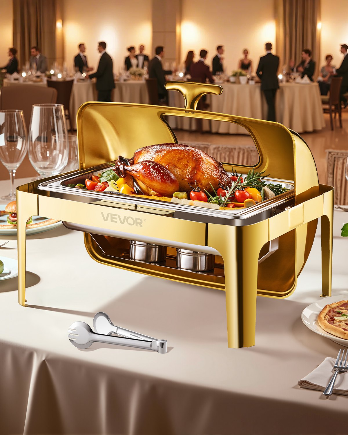 Kompletní sada talířů VEVOR Roll Top Chafing Dish Buffet, nerezová ocelová chaferka o objemu 9 qt s pánví plné velikosti, obdélníkový ohřívač na catering s viditelným víkem, pánev na vodu, skládací stojan, držák na palivo, klip na jídlo, zlatá