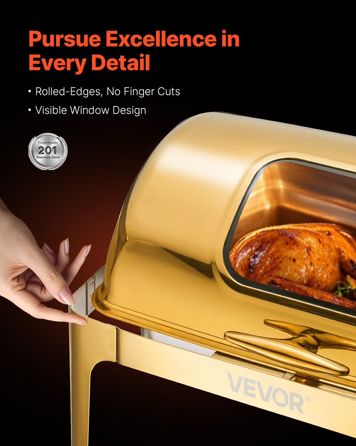 VEVOR Roll Top Chafing Dish Buffet Complete Set, 9Qt Stainless Steel Chafer with Full Size Pan, Rectangle Catering Warmer Server with Visible Lid Water Pan Folding Stand Fuel Holder Meal Clip, Gold