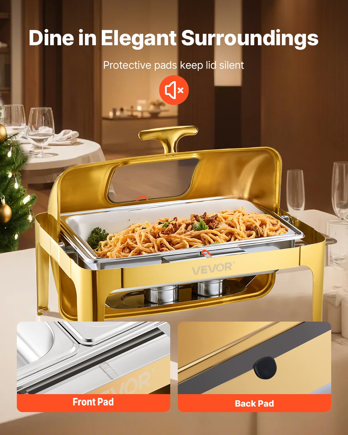 VEVOR Roll Top Chafing Dish Buffet Complete Set, 9Qt Stainless Steel Chafer with Full Size Pan, Rectangle Catering Warmer Server with Visible Lid Water Pan Folding Stand Fuel Holder Meal Clip, Gold