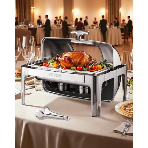 4Qt 1 Pack Rectangle Roll Top Chafing Dish Set 2 Half Size Pans Stainless Steel