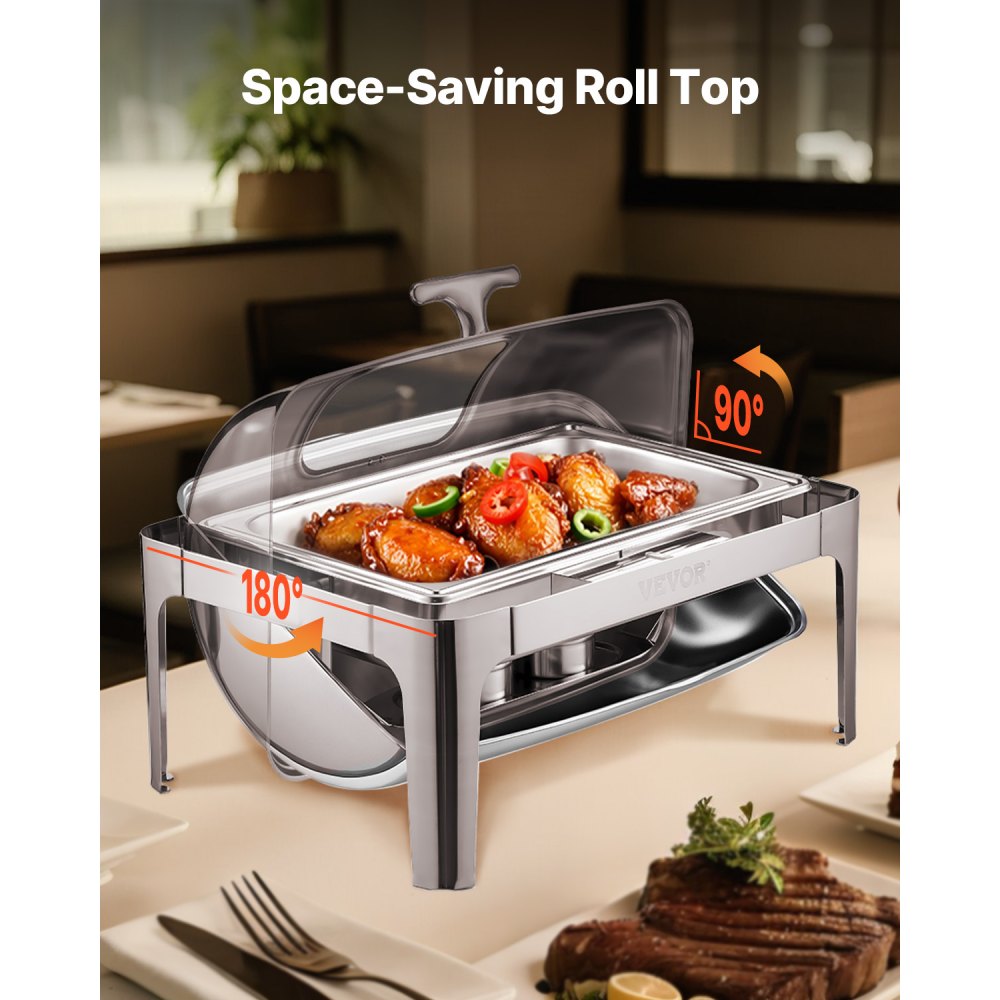 VEVOR Roll Top Chafing Dish Buffet Complete Set, 9 Qt 1 Pack Stainless Steel Chafer with 2 Half Size Pans, Rectangle Catering Warmer Server with Visible Lid Water Pan Folding Stand Fuel Holder, Silver