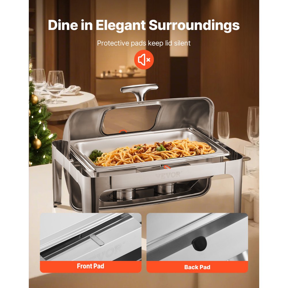 VEVOR Roll Top Chafing Dish Buffet Complete Set, 9 Qt 1 Pack Stainless Steel Chafer with 2 Half Size Pans, Rectangle Catering Warmer Server with Visible Lid Water Pan Folding Stand Fuel Holder, Silver