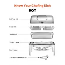 VEVOR 9Qt 1 Pack Rectangle Roll Top Chafing Dish Set with 2 Half Size Pans