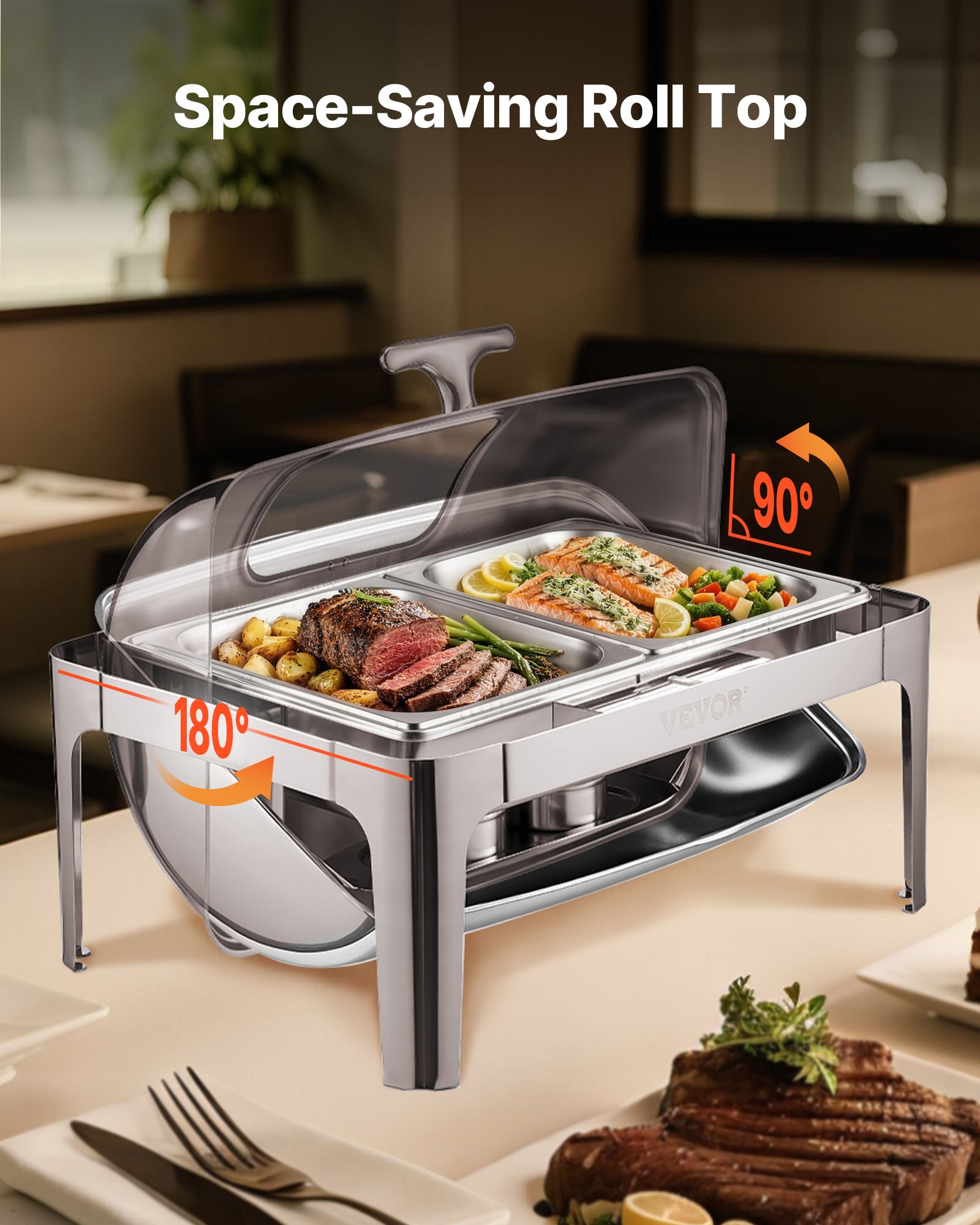 VEVOR Roll Top Chafing Dish Buffet Complete Set, 9 Qt 1 Pack Stainless Steel Chafer with 2 Half Size Pans, Rectangle Catering Warmer Server with Visible Lid Water Pan Folding Stand Fuel Holder, Silver