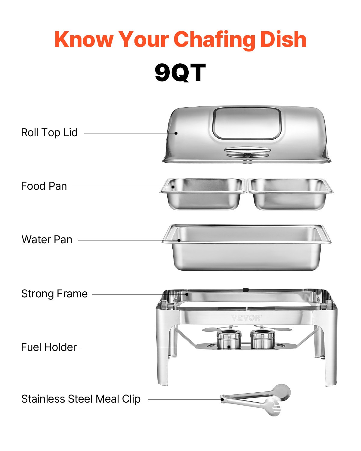VEVOR Roll Top Chafing Dish Buffet Complete Set, 9 Qt 1 Pack Stainless Steel Chafer with 2 Half Size Pans, Rectangle Catering Warmer Server with Visible Lid Water Pan Folding Stand Fuel Holder, Silver